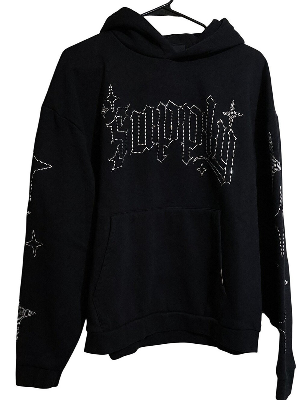 Supply & Demand Mens Black Hoodie Rhinestone Spellout Logo Star Sleeves Size Med